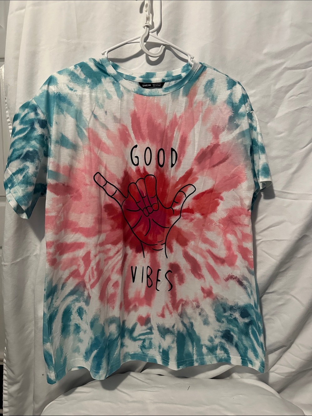 SHEIN Pink & Teal Tie-Dye "Good Vibes" Graphic Tee